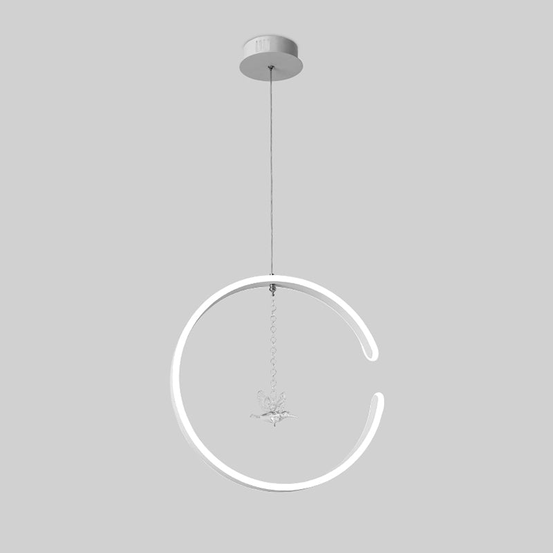 Sleek C-Shape Metal Suspension Lighting with Crystal Bird - LED Hanging Lamp Kit in Warm/White Light