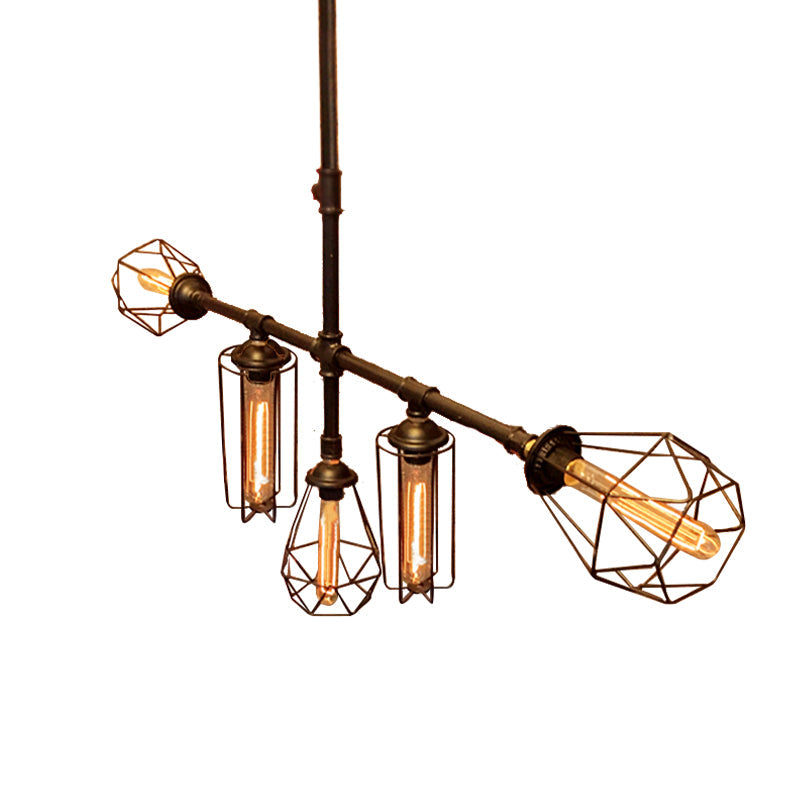 Rustic Metal Pipe Chandelier with Black Cage Shade - 5 Lights - Bedroom Ceiling Fixture"