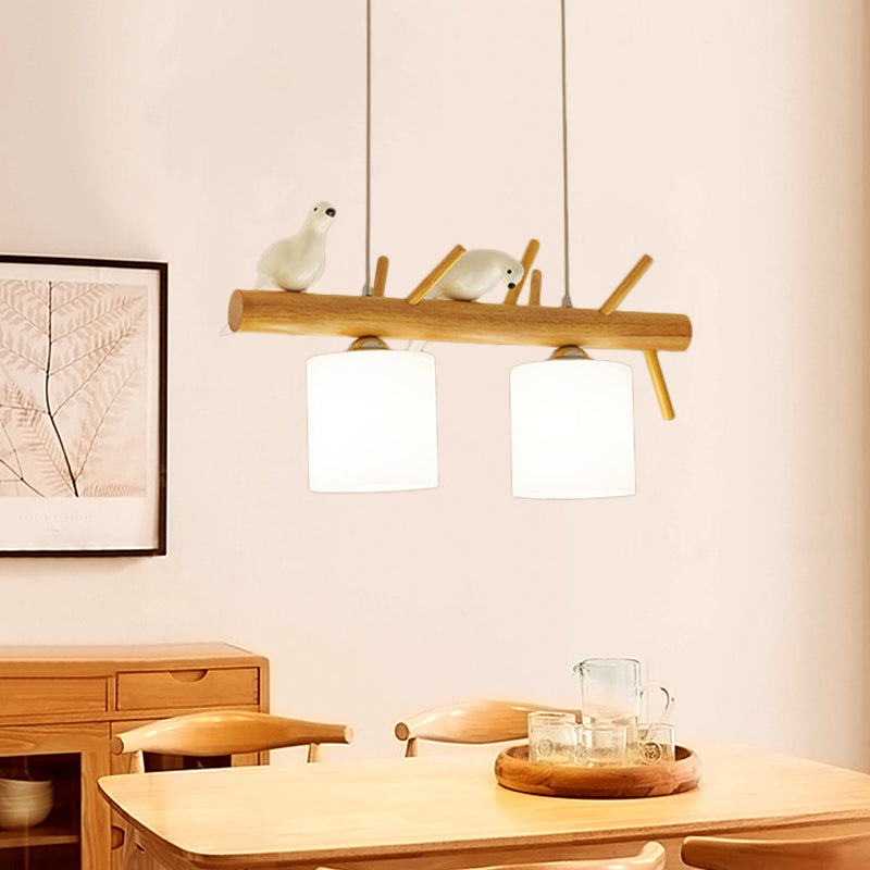 Beige Drum Island Lighting: Simple 2/3 Heads Pendant Lamp With Opaque Glass And Bird On Wood Branch