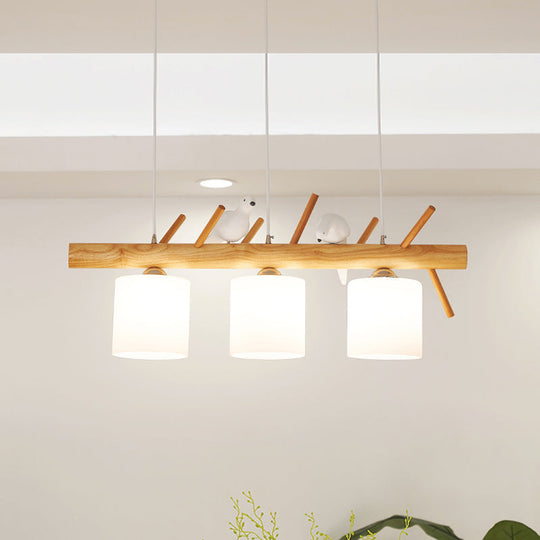 Beige Drum Island Lighting: Simple 2/3 Heads Pendant Lamp With Opaque Glass And Bird On Wood Branch