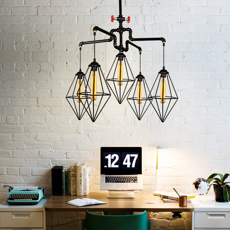 Industrial Style Black Metallic Chandelier with 5-Light Diamond Cage Shade