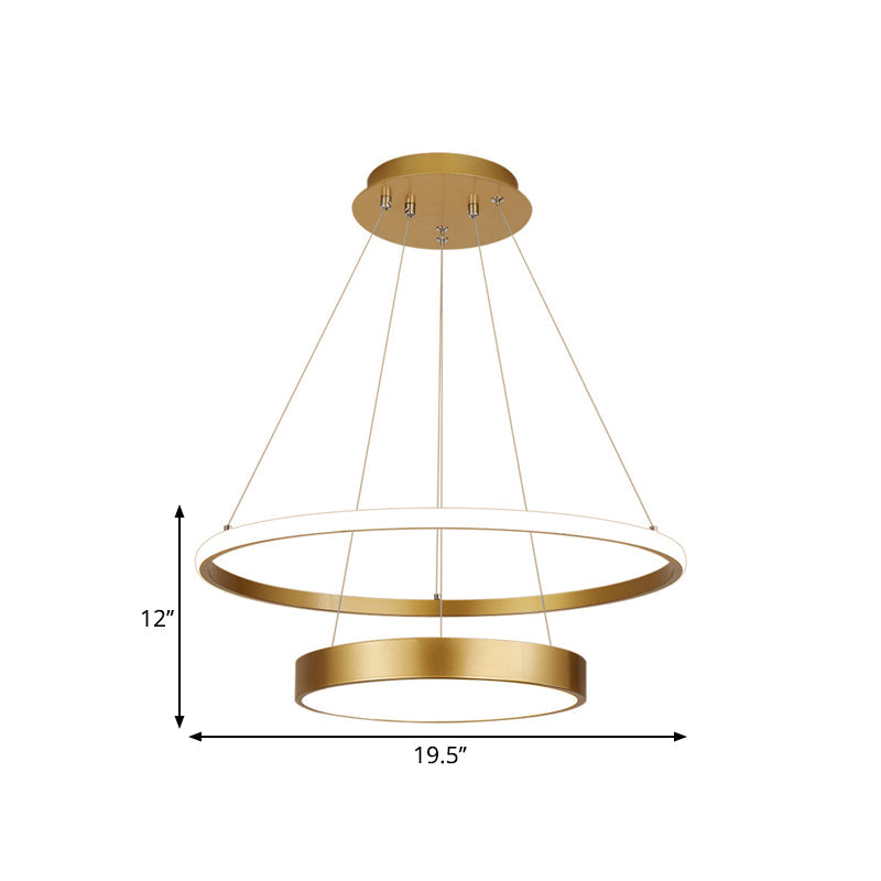 Modern 2-Tier Metallic Ring LED Chandelier in Gold - Warm/White Lighting