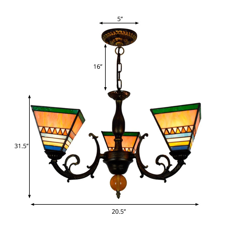 Pyramid Chandelier Retro Style with Stained Glass - 3 Bulb Inverted Light for Living Room