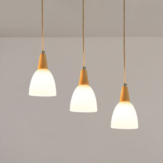 Contemporary 3-Light Beige Hanging Lamp With Frosted Glass Dome And Wood Top