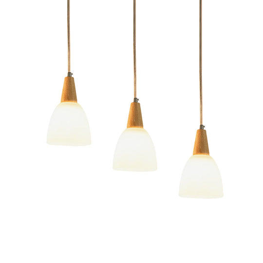 Contemporary 3-Light Beige Hanging Lamp With Frosted Glass Dome And Wood Top