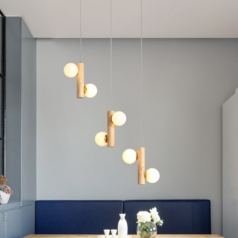 Modern Wood Tubular Pendant Light with 6 Beige Bulbs for Dining Room Ceiling