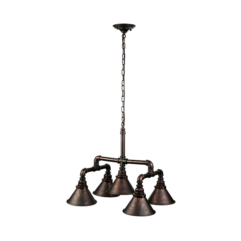 Vintage Conical Chandelier with 5 Metal Lights - Stylish Ceiling Fixture for Dining Room Décor, Rust Finish