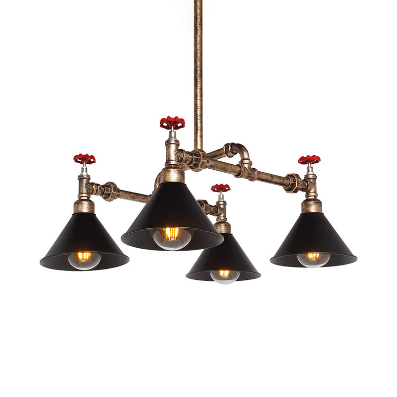 Vintage Metal Pendant Lighting - Stylish Cone Shade Chandelier Fixture with Red Valve (4/6 Lights)