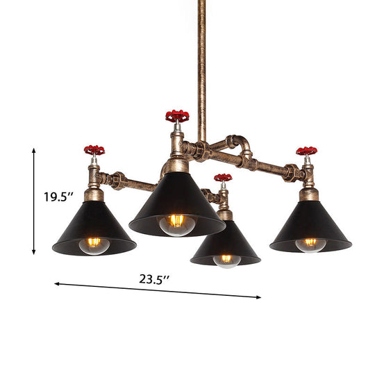 Vintage Cone Shade Brass Chandelier With Red Valve - 4/6 Lights Pendant Fixture