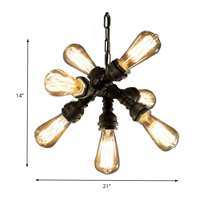 Antique Bronze Chandelier with 7 Bulbs – Vintage Metal Pipe Pendant Light Fixture