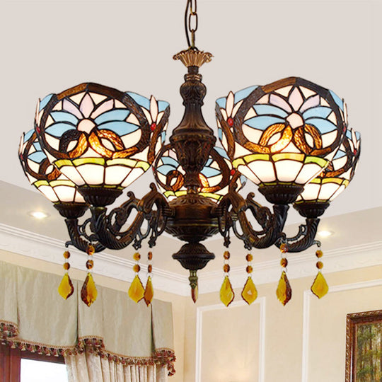 Tiffany-Style Stained Glass Chandelier with Crystal and 5 Hanging Bowl Lights in Blue for Living Room