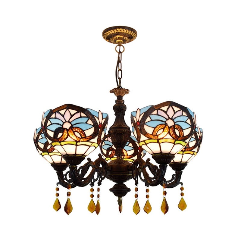 Tiffany-Style Stained Glass Chandelier with Crystal and 5 Hanging Bowl Lights in Blue for Living Room