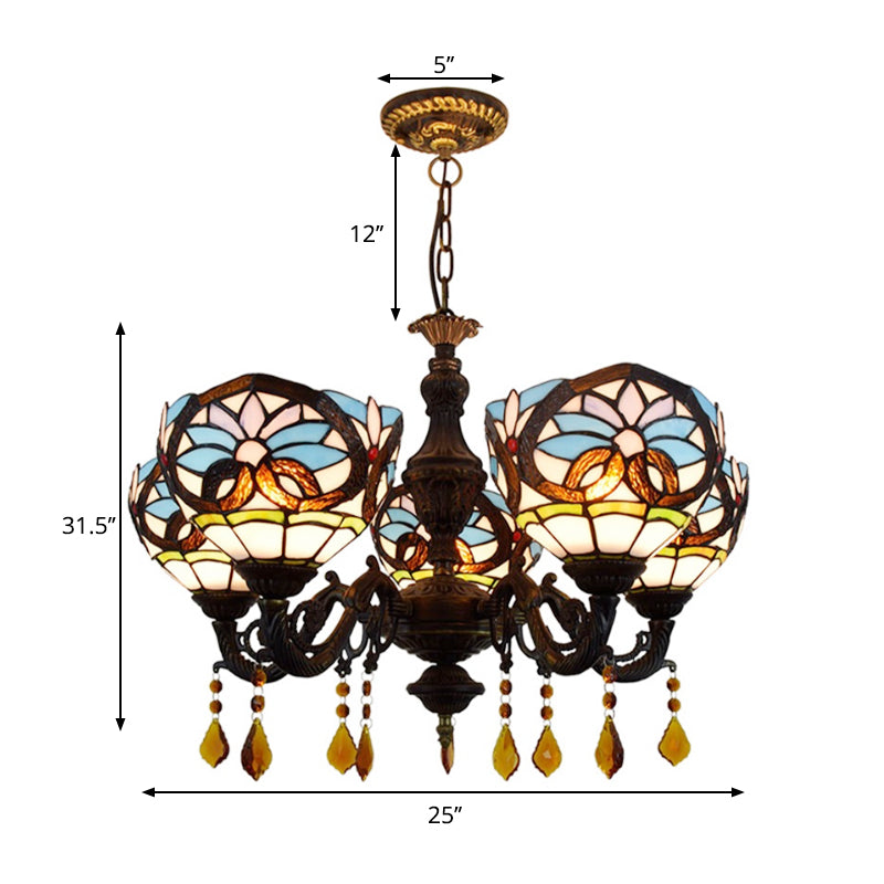 Blue Stained Glass Chandelier With Tiffany Style And Crystal Accents - Ideal For Living Room Décor