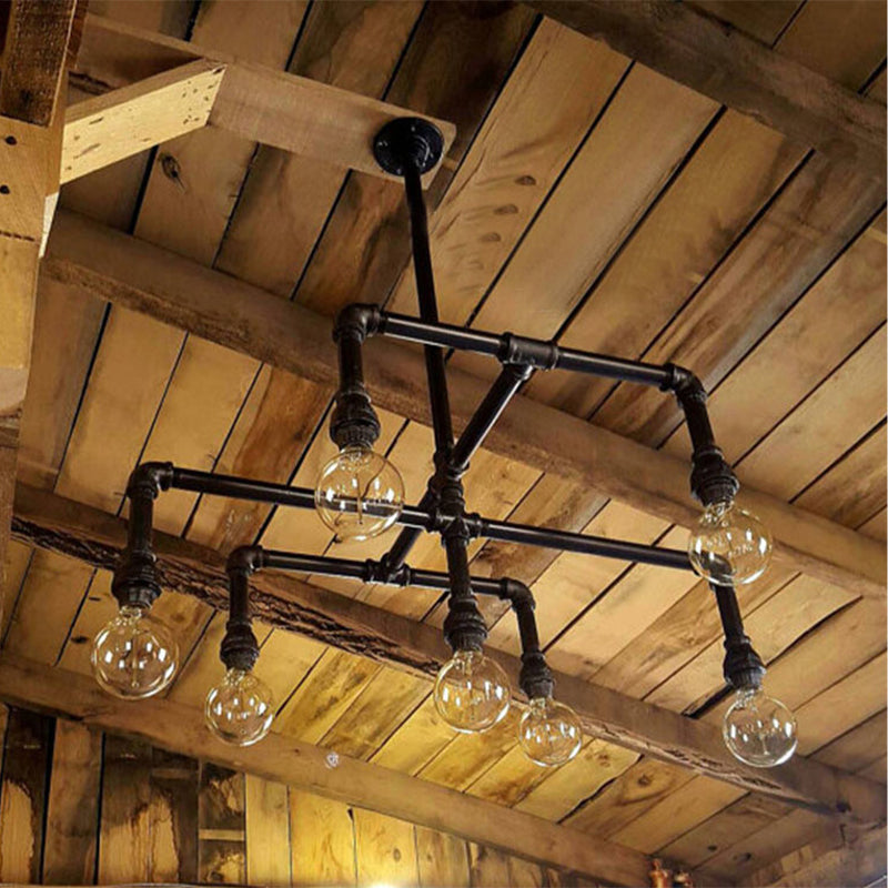 Black Metal Water Pipe Chandelier Lamp - Industrial 7-Head Pendant Lighting Fixture for Dining Room