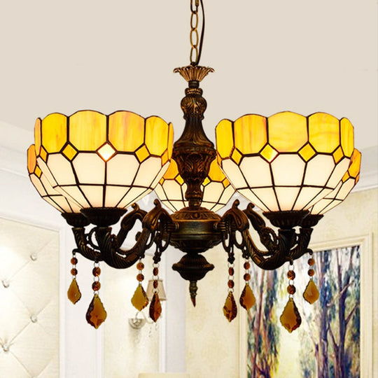 Rustic 5-Head Glass Shade Chandelier With Crystal Accents - Yellow Dining Room Light