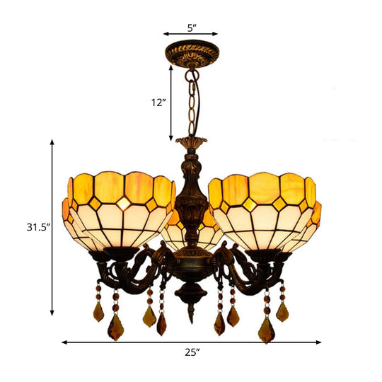 Rustic 5-Head Glass Shade Chandelier With Crystal Accents - Yellow Dining Room Light