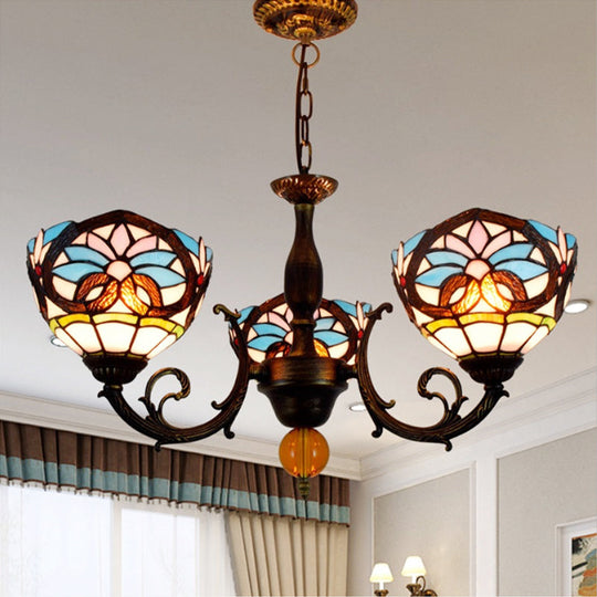 Bowl-Shaped Stained Glass Chandelier: Lodge Décor with Crystal Accents, Multicolor Design