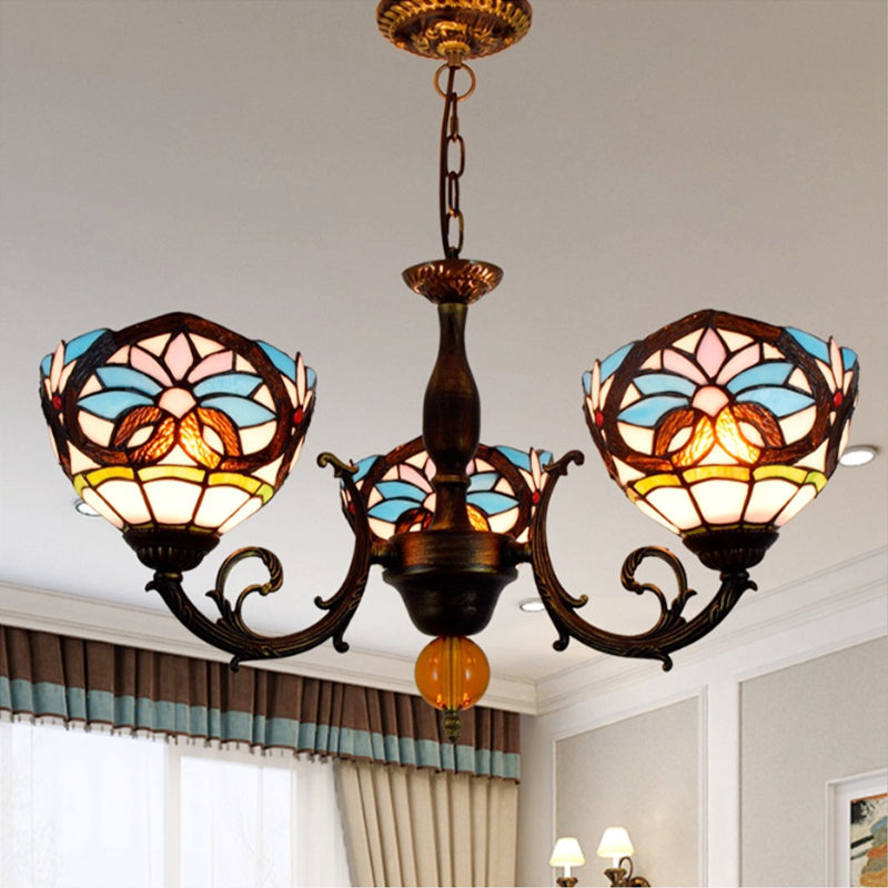 Lodge Bowl-Shaped Chandelier With Stained Glass 3 Lights Multicolor Crystal Accents Blue