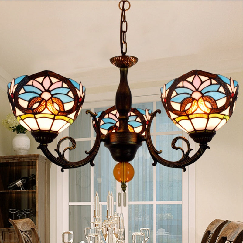 Lodge Bowl-Shaped Chandelier With Stained Glass 3 Lights Multicolor Crystal Accents