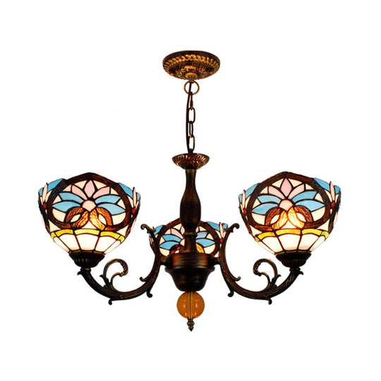 Lodge Bowl-Shaped Chandelier With Stained Glass 3 Lights Multicolor Crystal Accents