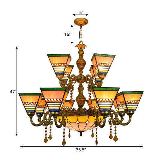 Vintage Stained Glass Pyramid Chandelier With 12 Arms And Center Bowl
