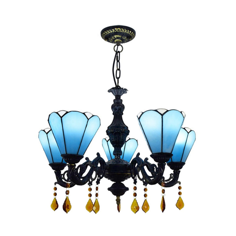 Blue Stained Glass Chandelier with Tiffany-style Cone-Shaped Design and 5 Decorative Crystal Lights