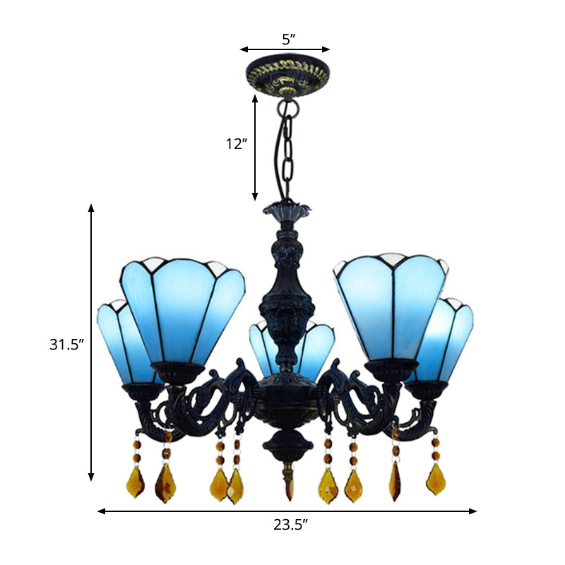 Blue Stained Glass Tiffany Style Cone-Shaped Chandelier With Decorative Crystal 5 Lights Hanging