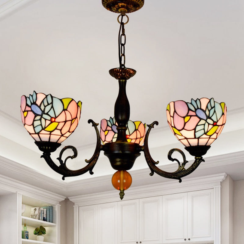 Lodge Stained Glass Chandelier - 3-Light Inverted Fixture with Flower Pattern for Dining Room