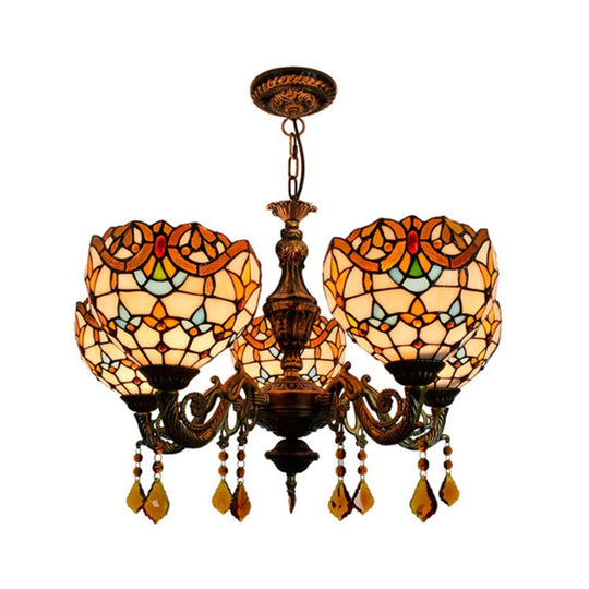 Victorian Stained Glass Chandelier With Crystal Accents - Bowl-Shaped 5-Light Beige