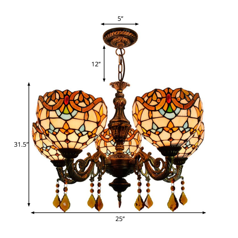 Victorian Stained Glass Chandelier With Crystal Accents - Bowl-Shaped 5-Light Beige
