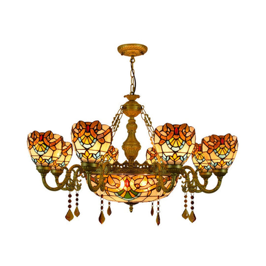 Victorian Stained Glass Chandelier With 9 Lights And Crystal Accents In Beige - Perfect For Foyer