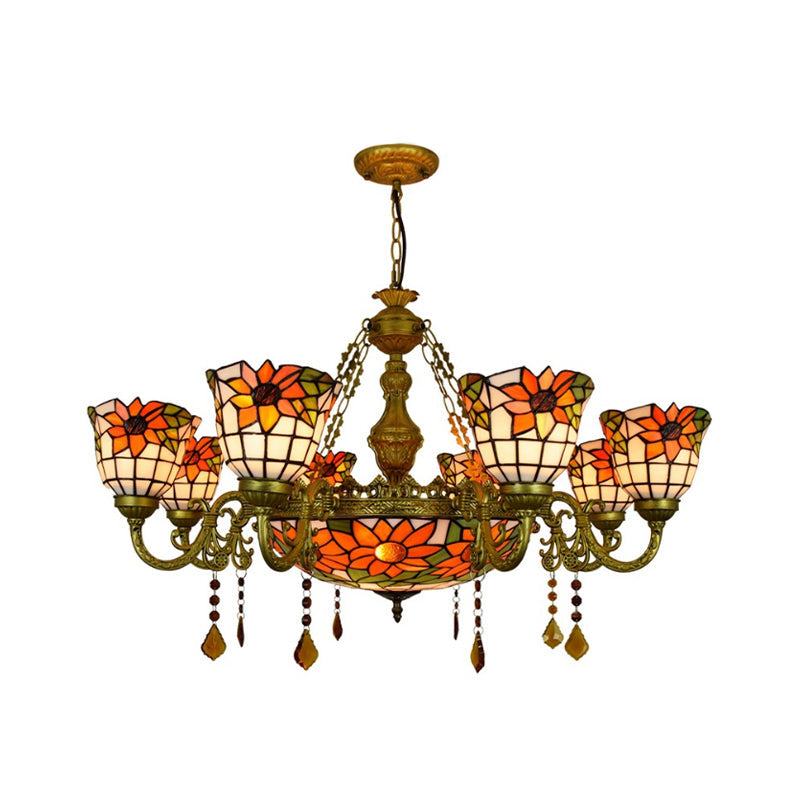 Vintage Stained Glass Chandelier with Sunflower Pattern - 9 Lights, Multicolored, Inverted Design, Decorative Hanging Light