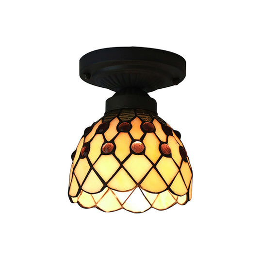 Retro-Style Cup Shade Semi Flush Mount Ceiling Light - Purple/Beige Glass Fixture With Jewel Pattern
