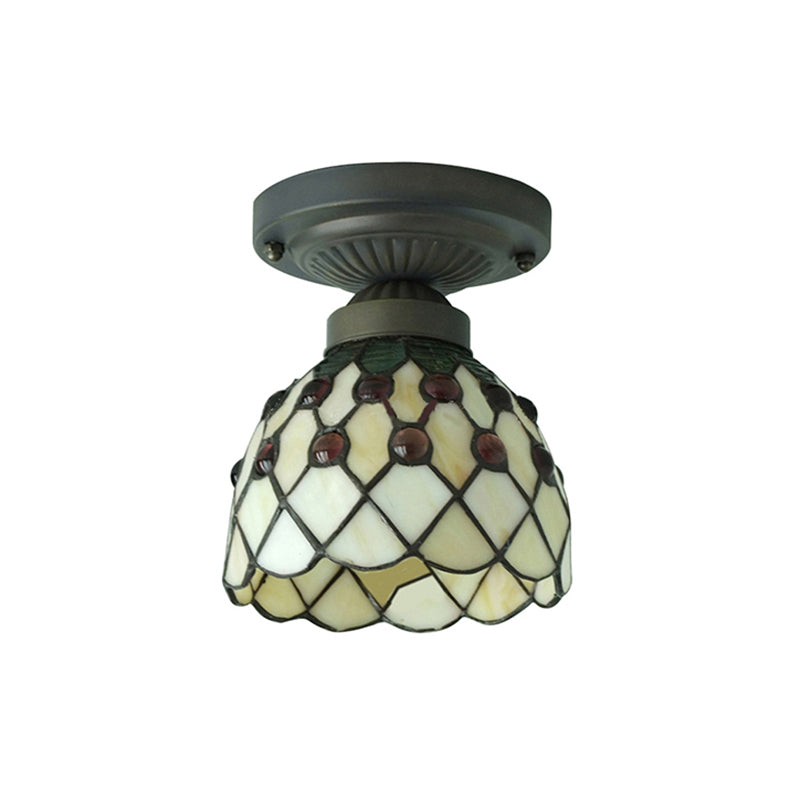 Retro Style Purple/Beige Glass Ceiling Light Fixture With Jewel Pattern - Cup Shade Semi Flush Mount