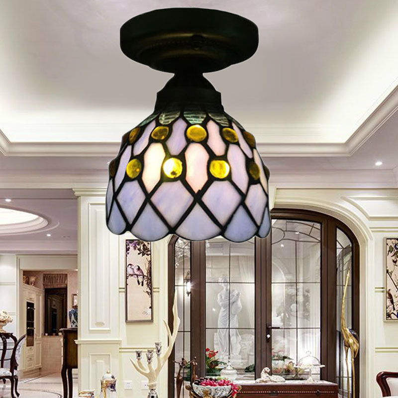 Retro-Style Cup Shade Semi Flush Mount Ceiling Light - Purple/Beige Glass Fixture with Jewel Pattern and 1 Light