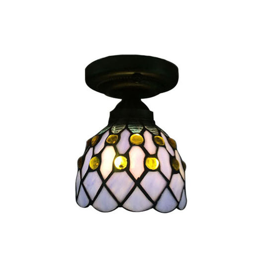 Retro-Style Cup Shade Semi Flush Mount Ceiling Light - Purple/Beige Glass Fixture with Jewel Pattern and 1 Light