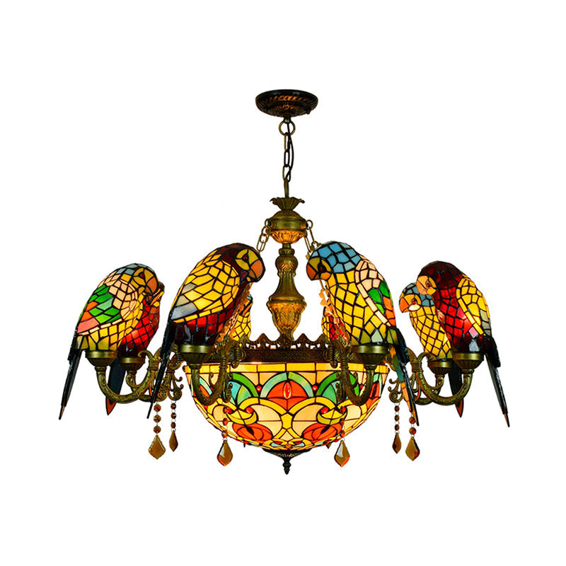 Vintage Rustic Parrot Chandelier with 9 Stained Glass Shades, Yellow for Villa