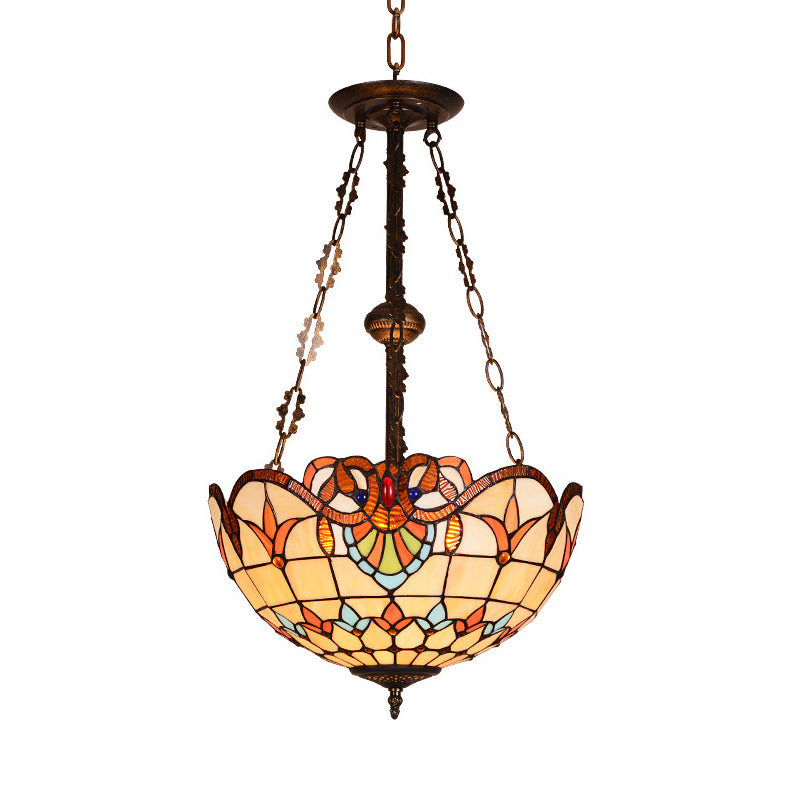 Retro Stained Glass Bowl Ceiling Light - 3 Heads Semi Flush Fixture For Bedroom