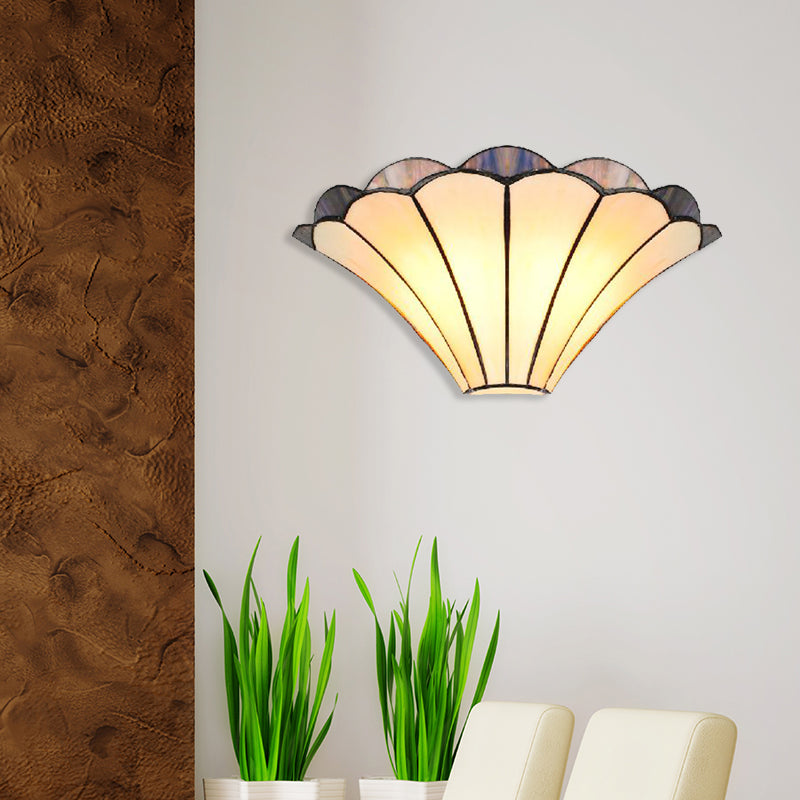 Traditional Scalloped Wall Sconce With 2 Stained Glass Lights And Flared Shade Beige