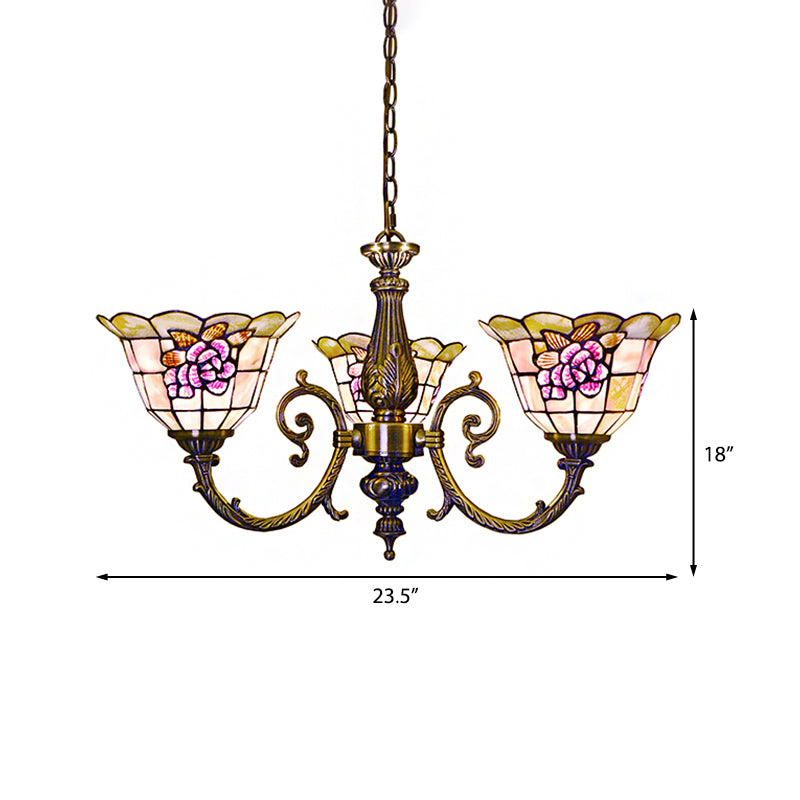 Retro Stained Glass Chandelier - Bell Shaped Hanging Lamp with 3 Flower Heads, Chain Included - Ideal for Bedroom Lighting
