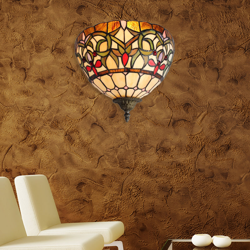 Stained Glass Wall Sconce With Rustic Bowl Design - Multi-Colored 1 Bulb Lighting For Staircases