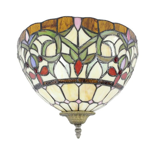 Stained Glass Wall Sconce With Rustic Bowl Design - Multi-Colored 1 Bulb Lighting For Staircases
