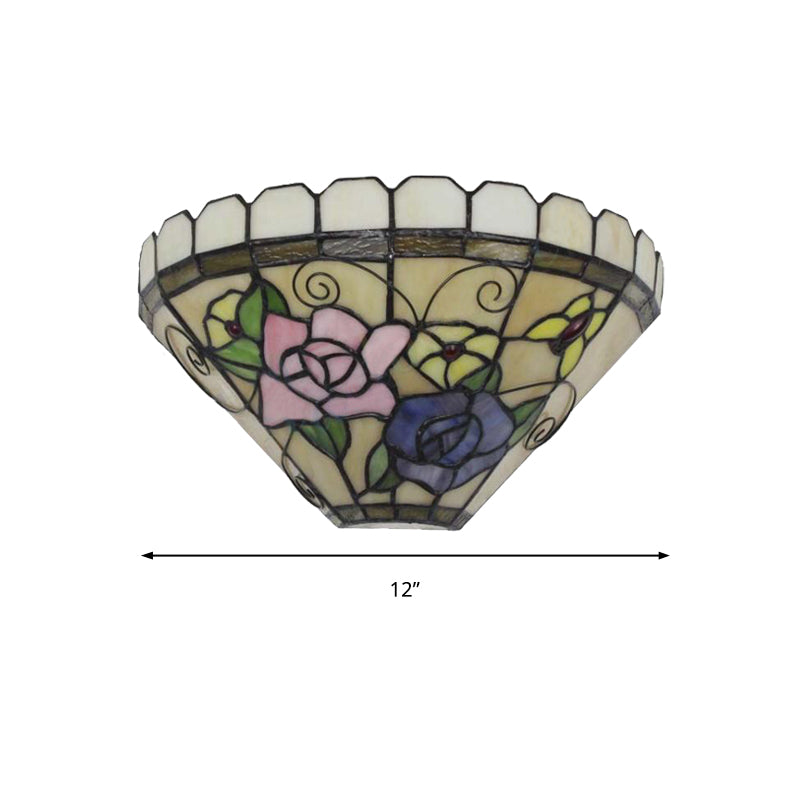 Beige Cone Wall Sconce With Floral Stained Glass - Elegant Butterfly Design