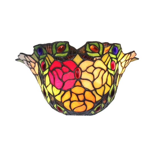 Rose And Jewel Stained Glass Floral Wall Sconce Light - Rustic Art Deco Foyer Lighting