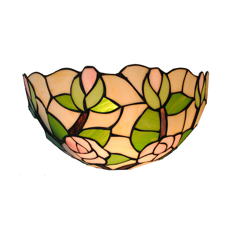 Rustic Stained Glass Wall Lamp - Green Bowl Mount Light With Pink Rose Accent