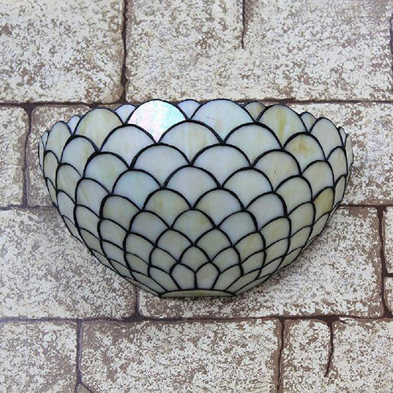 Traditional Beige Fish Scale Stained Glass Sconce Light - Bedroom Wall Mount Fixture