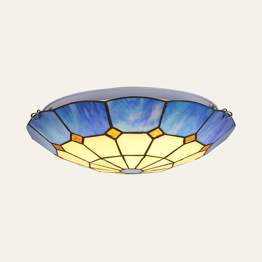 Tiffany Blue Stained Glass Flush Ceiling Light With Bowl Shade - Perfect For Living Room / 19.5