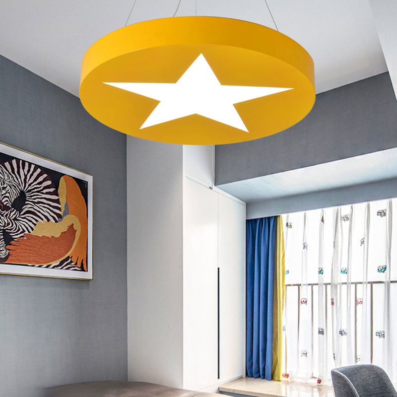 Star Metal Round Pendant Light: Bright Colored Hanging Light For Kids Room Or Office Yellow