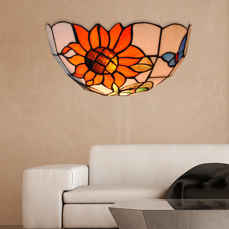 Rustic Loft Art Glass Wall Sconce With Sunflower And Butterfly Pattern - Bedroom Lighting Orange