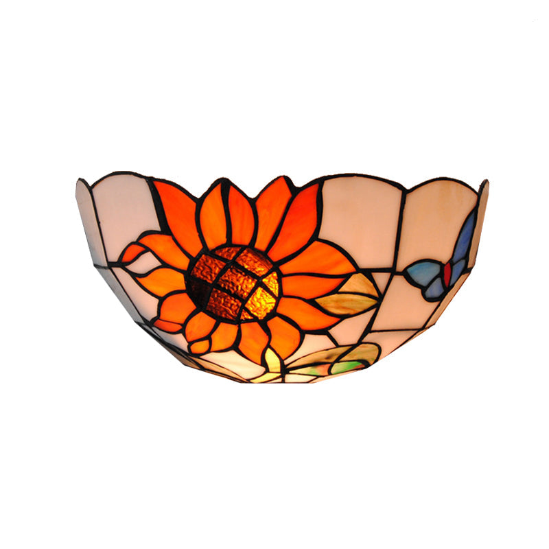 Rustic Loft Art Glass Wall Sconce With Sunflower And Butterfly Pattern - Bedroom Lighting